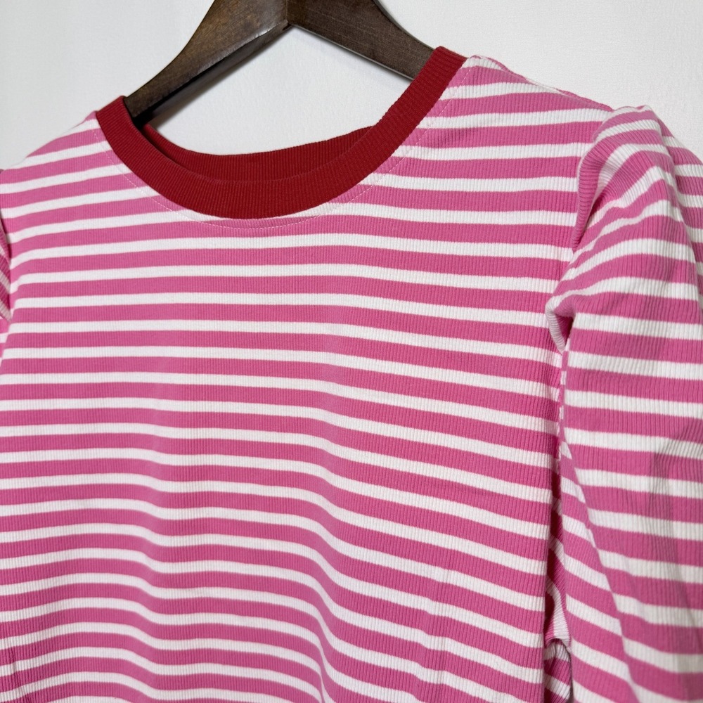 Rebecca Minkoff Pink White Striped Puff Shoulder Ribbed Top XL 7RMD7312